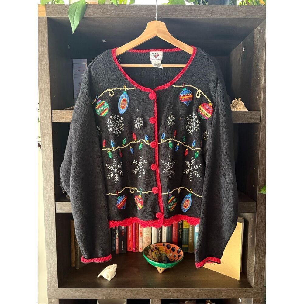Vintage Nutcracker Black & Red Embroidered Ugly Christmas Sweater Cardigan Large